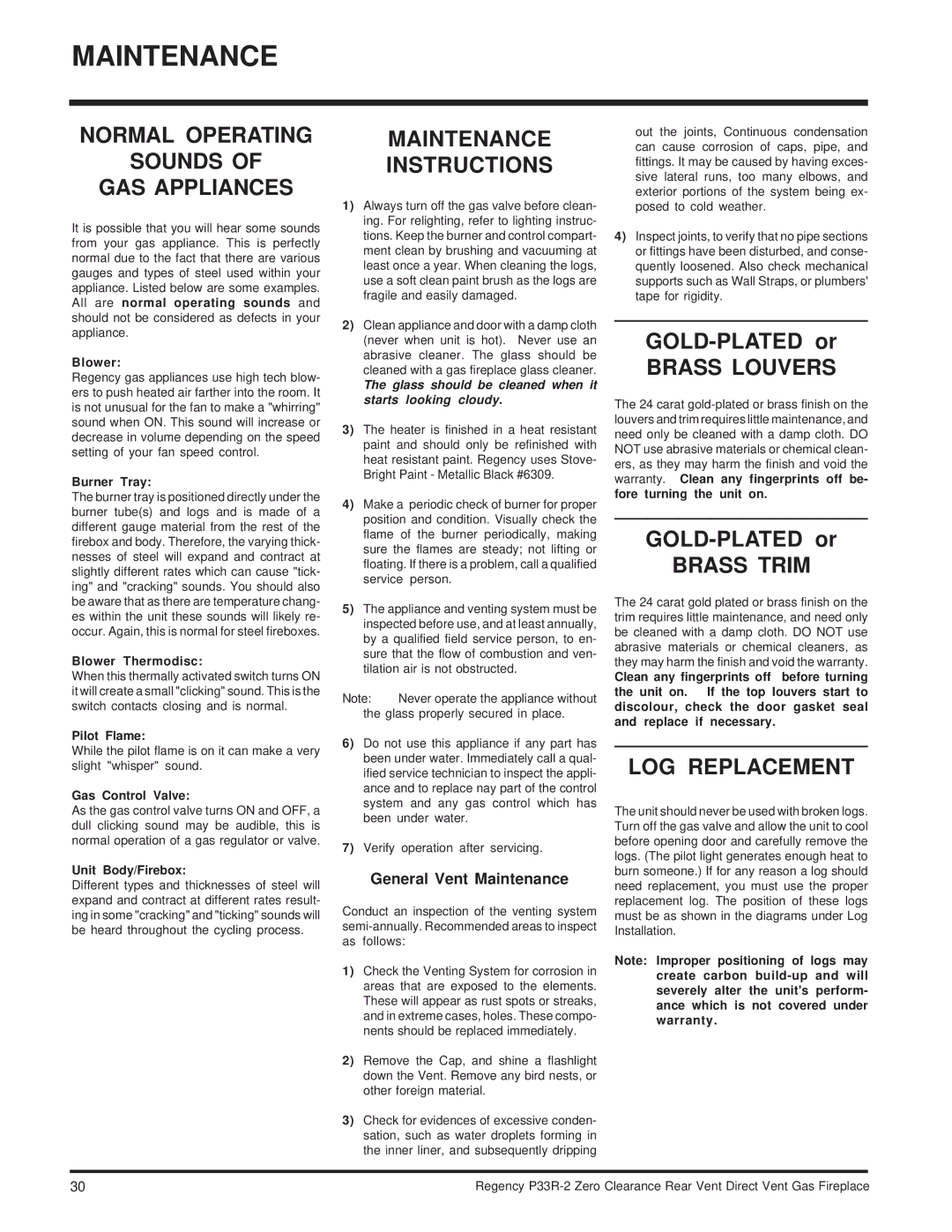 Regency P33R-LP2, P33R-NG2 installation manual Maintenance 