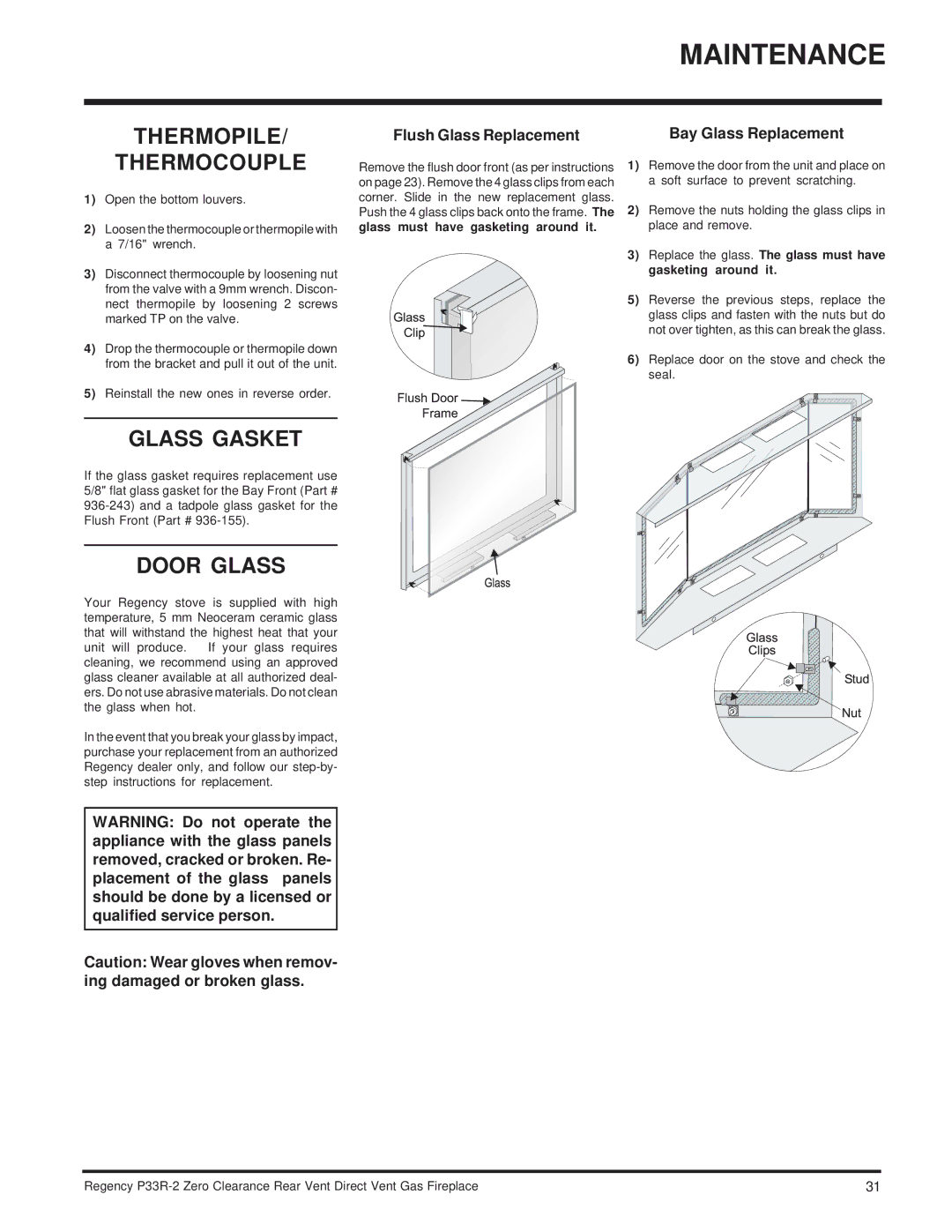 Regency P33R-NG2 Thermopile, Thermocouple, Glass Gasket, Door Glass, Flush Glass Replacement Bay Glass Replacement 