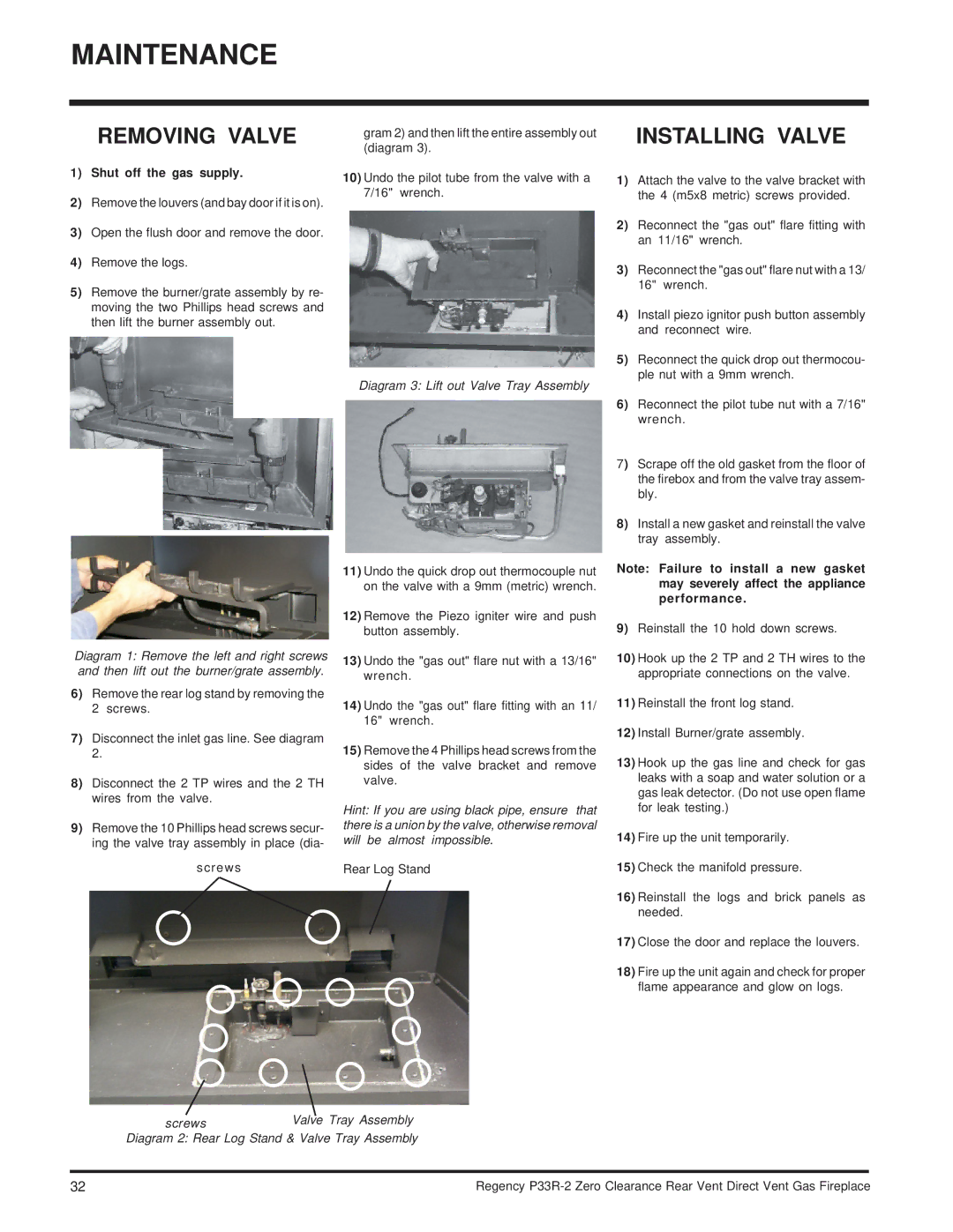 Regency P33R-LP2, P33R-NG2 installation manual Removing Valve, Installing Valve, Shut off the gas supply 