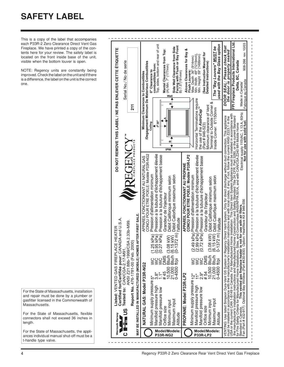 Regency P33R-LP2, P33R-NG2 installation manual Safety Label 