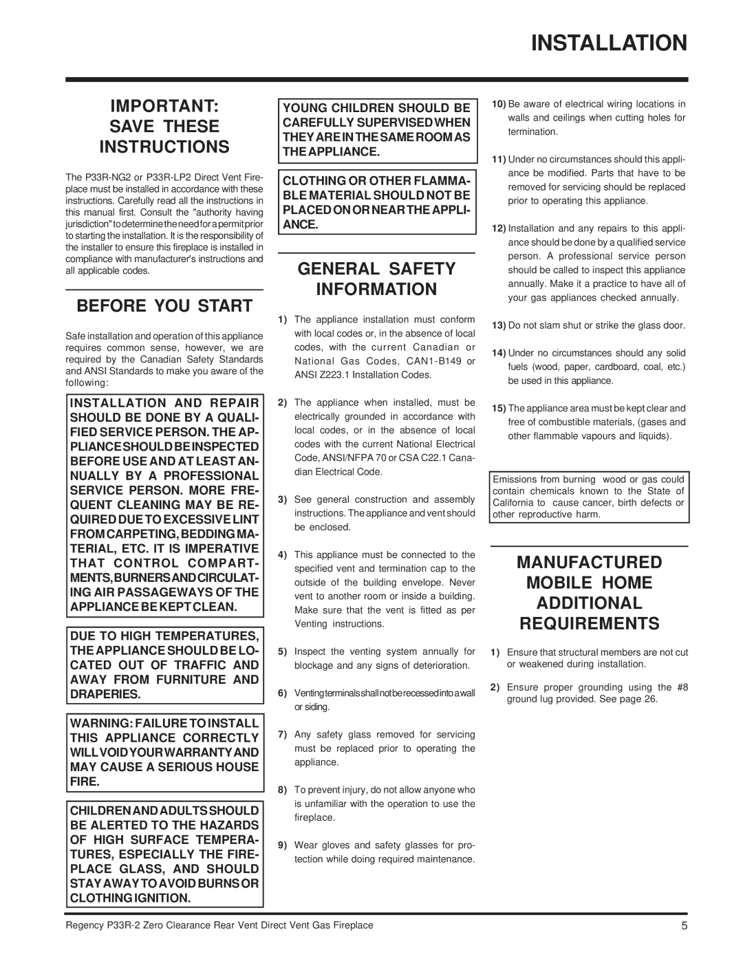 Regency P33R-NG2, P33R-LP2 Installation, Save These Instructions, Before YOU Start, General Safety Information 