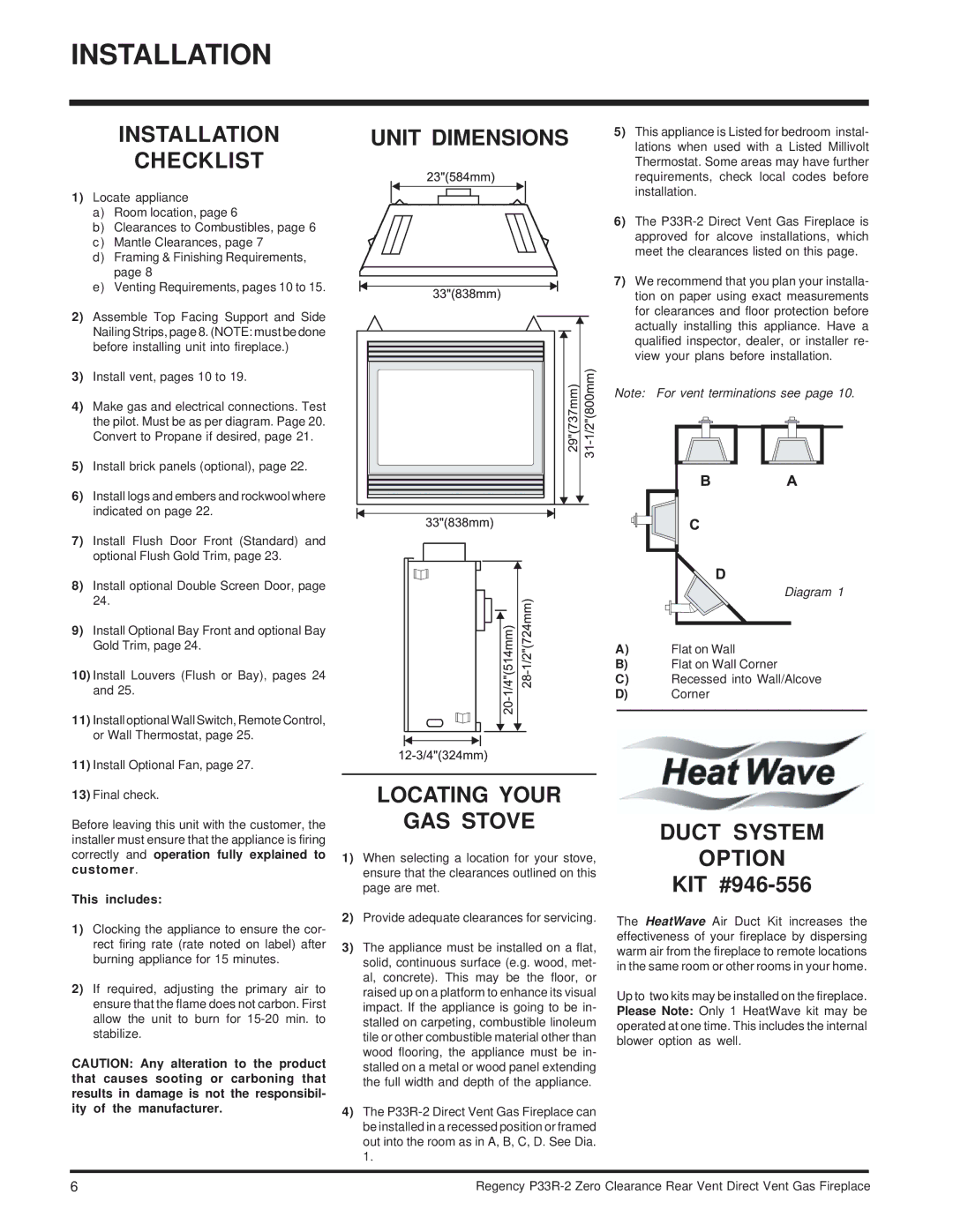 Regency P33R-LP2, P33R-NG2 Unit Dimensions, Checklist, Locating Your GAS Stove, Duct System Option, This includes 