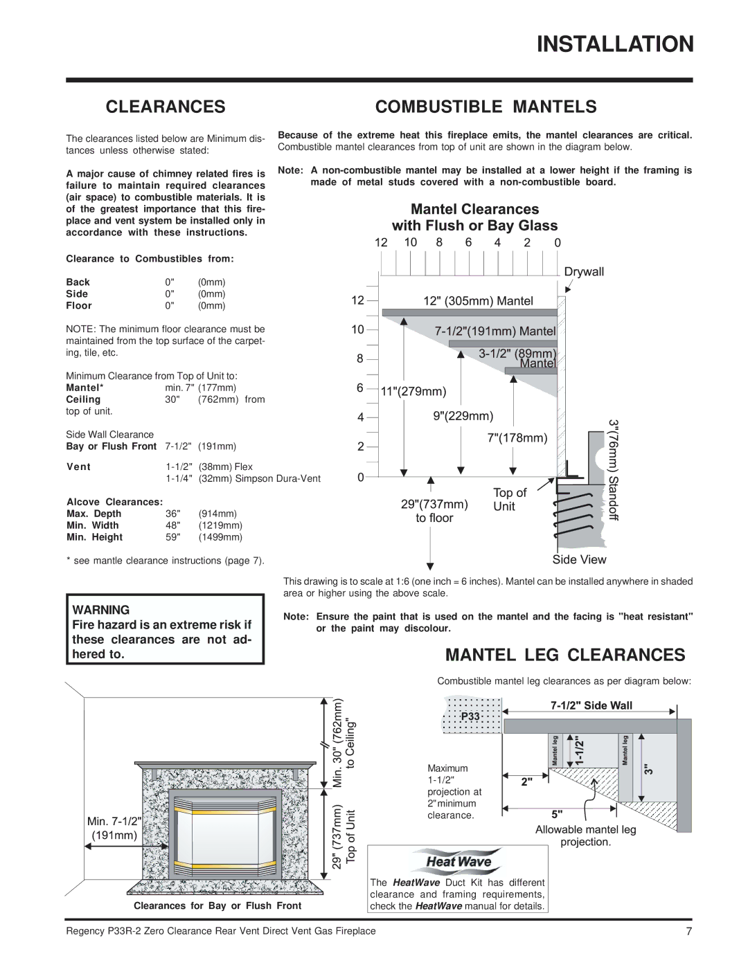 Regency P33R-NG2 Clearances Combustible Mantels, Mantel LEG Clearances, Fire hazard is an extreme risk if, Hered to 