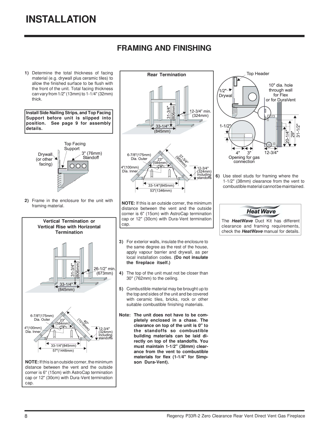 Regency P33R-LP2, P33R-NG2 installation manual Framing and Finishing 