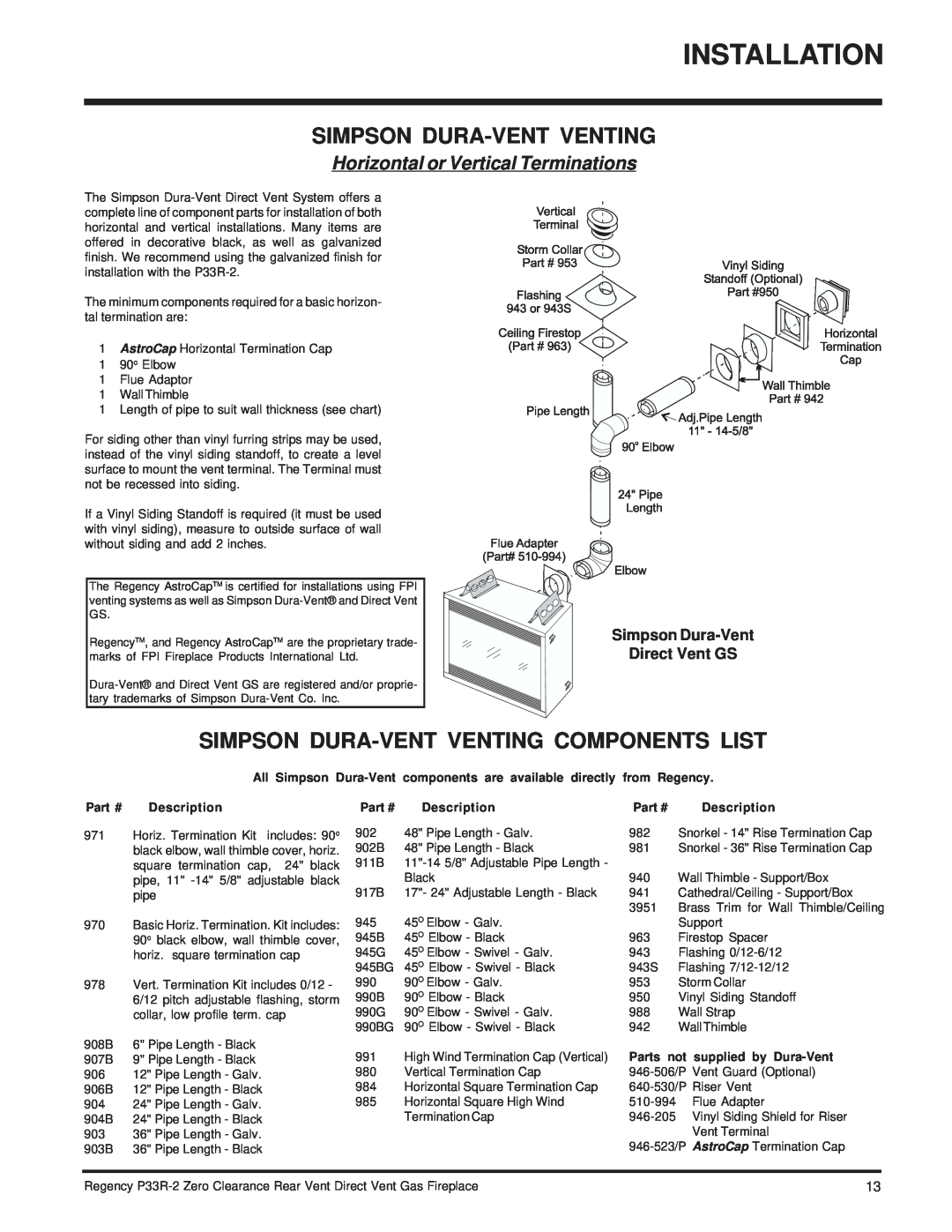 Regency P33R-NG2, P33R-LP2 Simpson Dura-Ventventing Components List, Horizontal or Vertical Terminations 