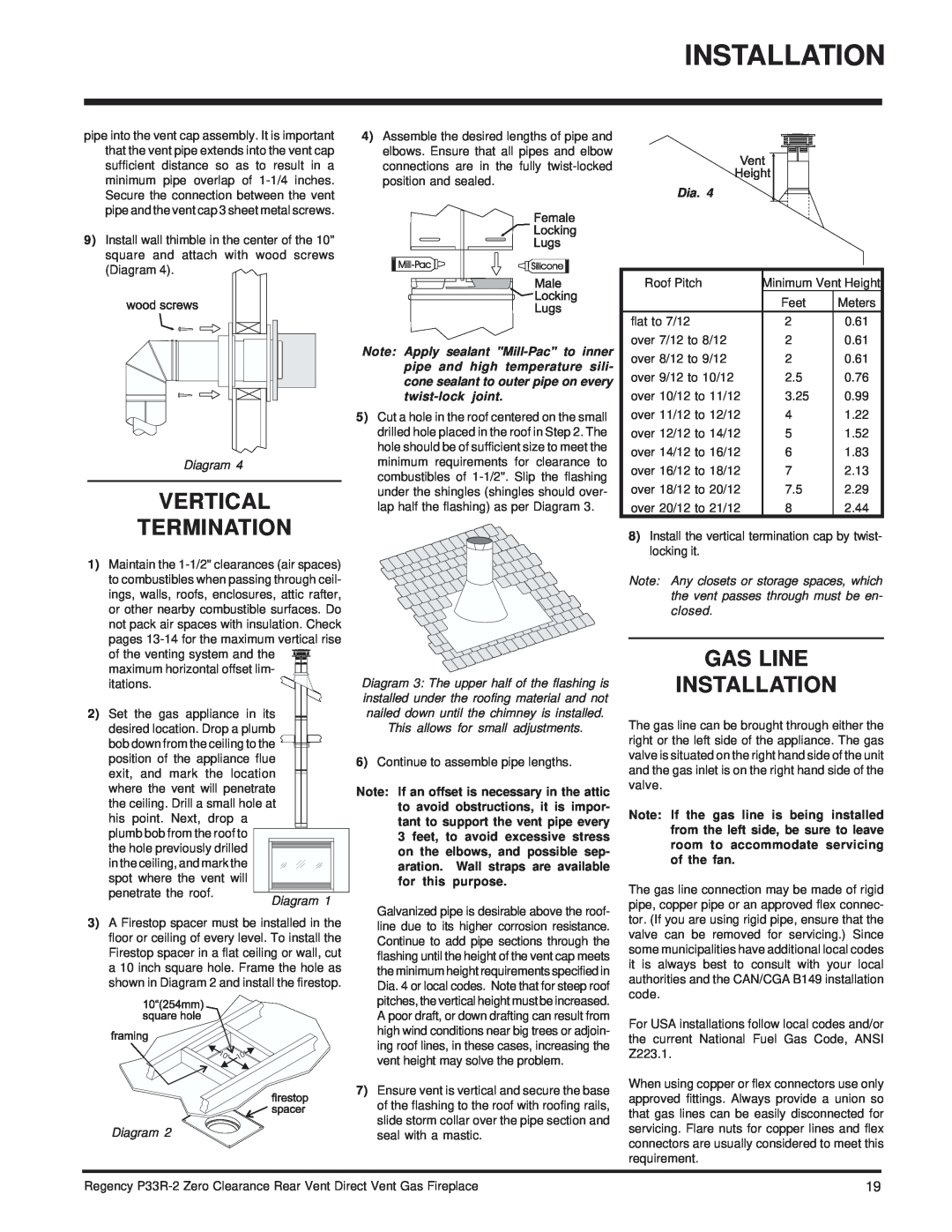 Regency P33R-NG2, P33R-LP2 installation manual Vertical Termination, Gas Line Installation, Dia 
