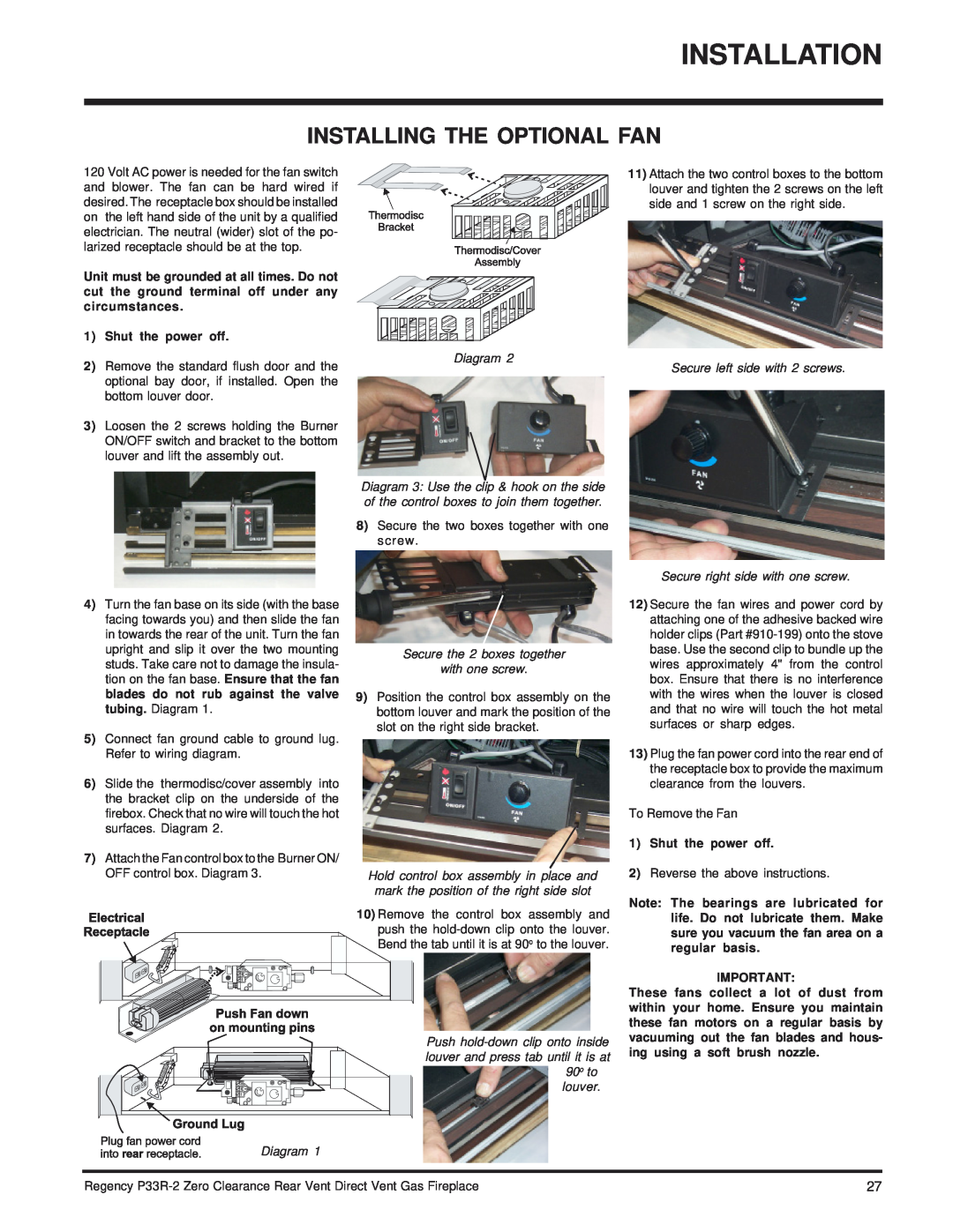 Regency P33R-NG2, P33R-LP2 installation manual Installing The Optional Fan 