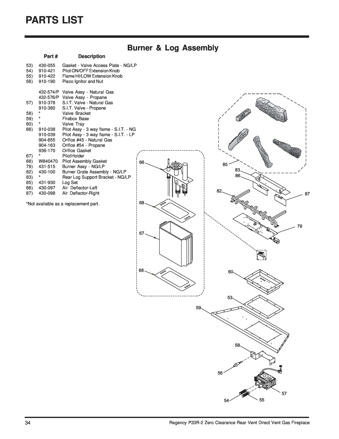 Regency P33R-LP2, P33R-NG2 installation manual Burner & Log Assembly, Description 