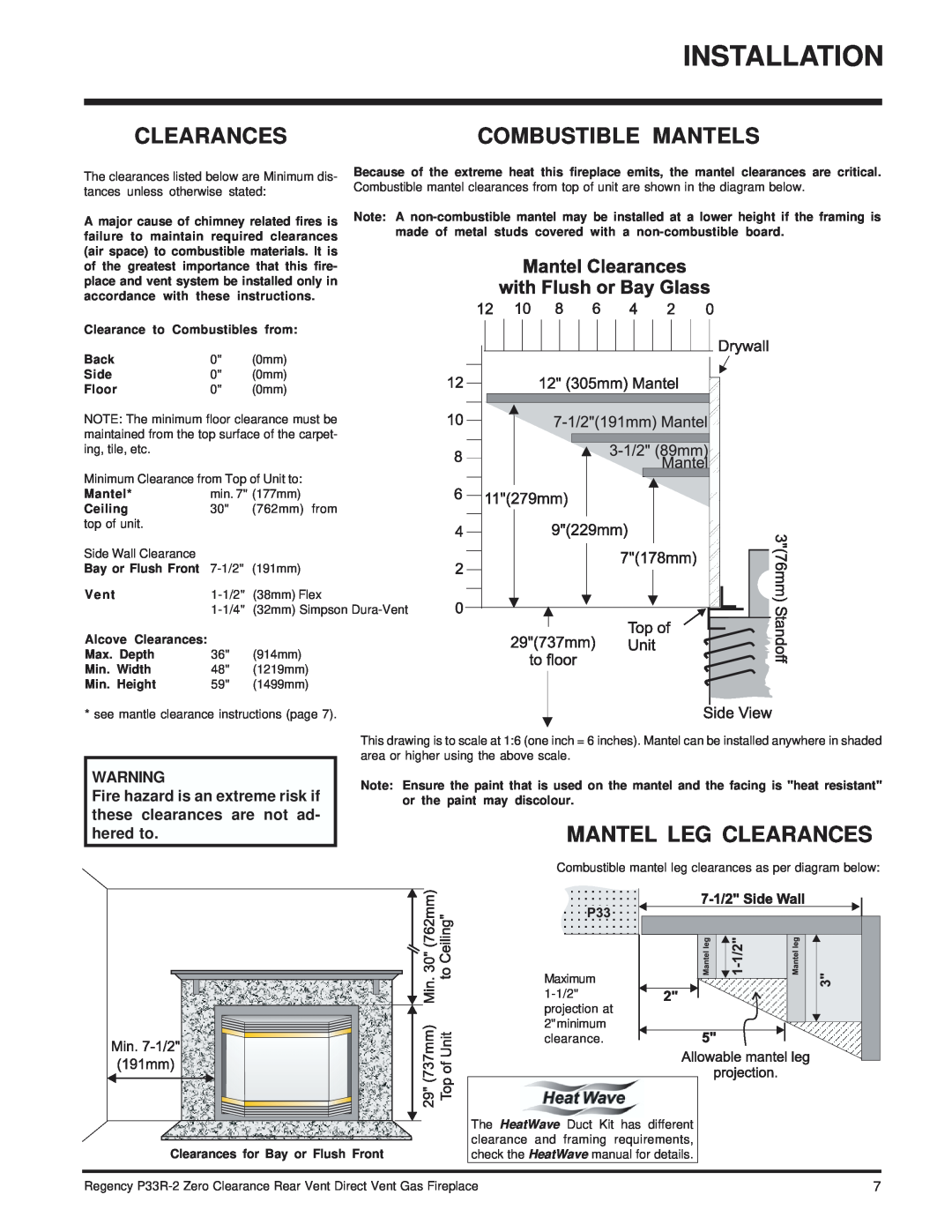 Regency P33R-NG2, P33R-LP2 Combustible Mantels, Mantel Leg Clearances, Fire hazard is an extreme risk if, hered to 