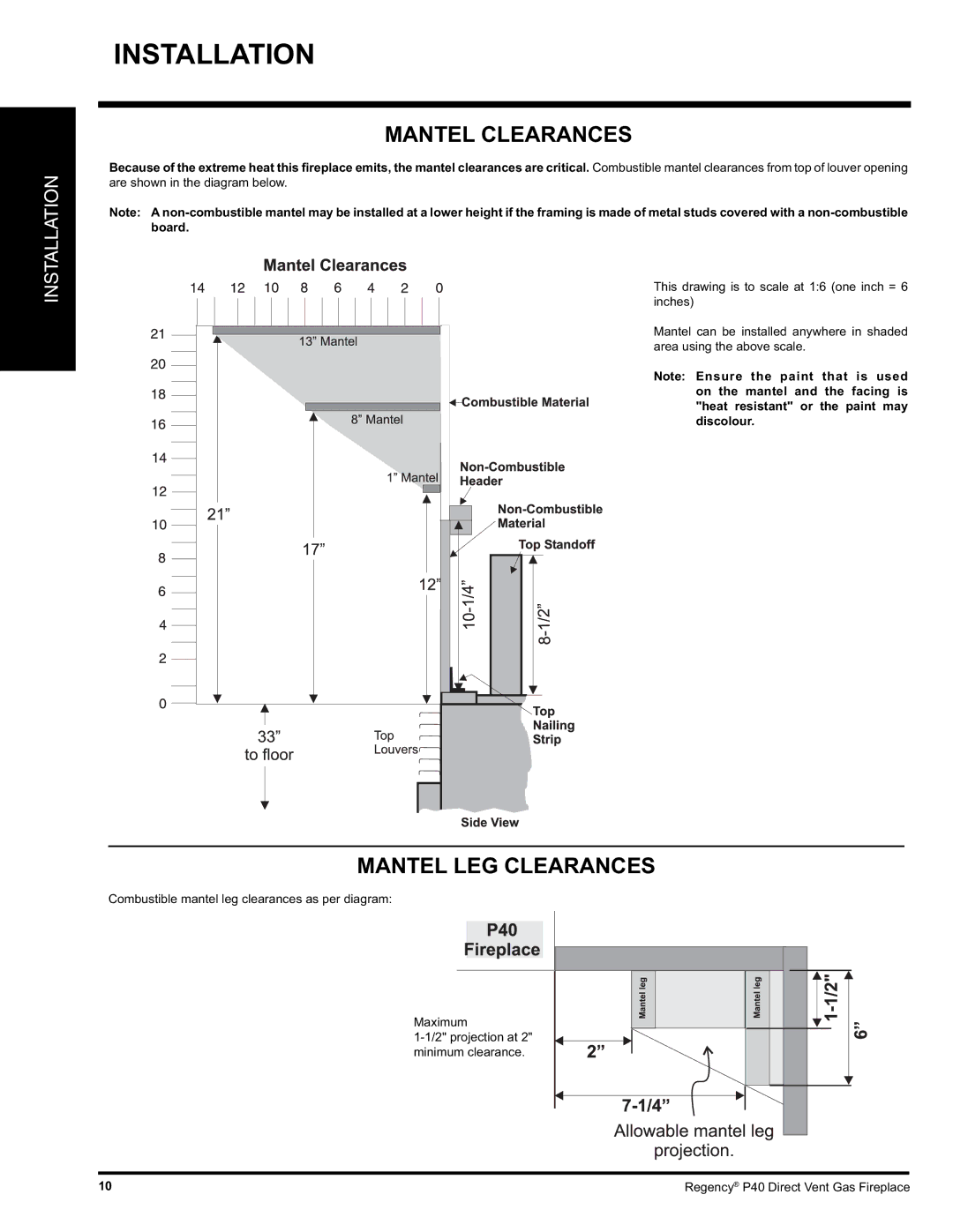 Regency P40-LP, P40-NG installation manual Mantel Clearances, Mantel LEG Clearances 