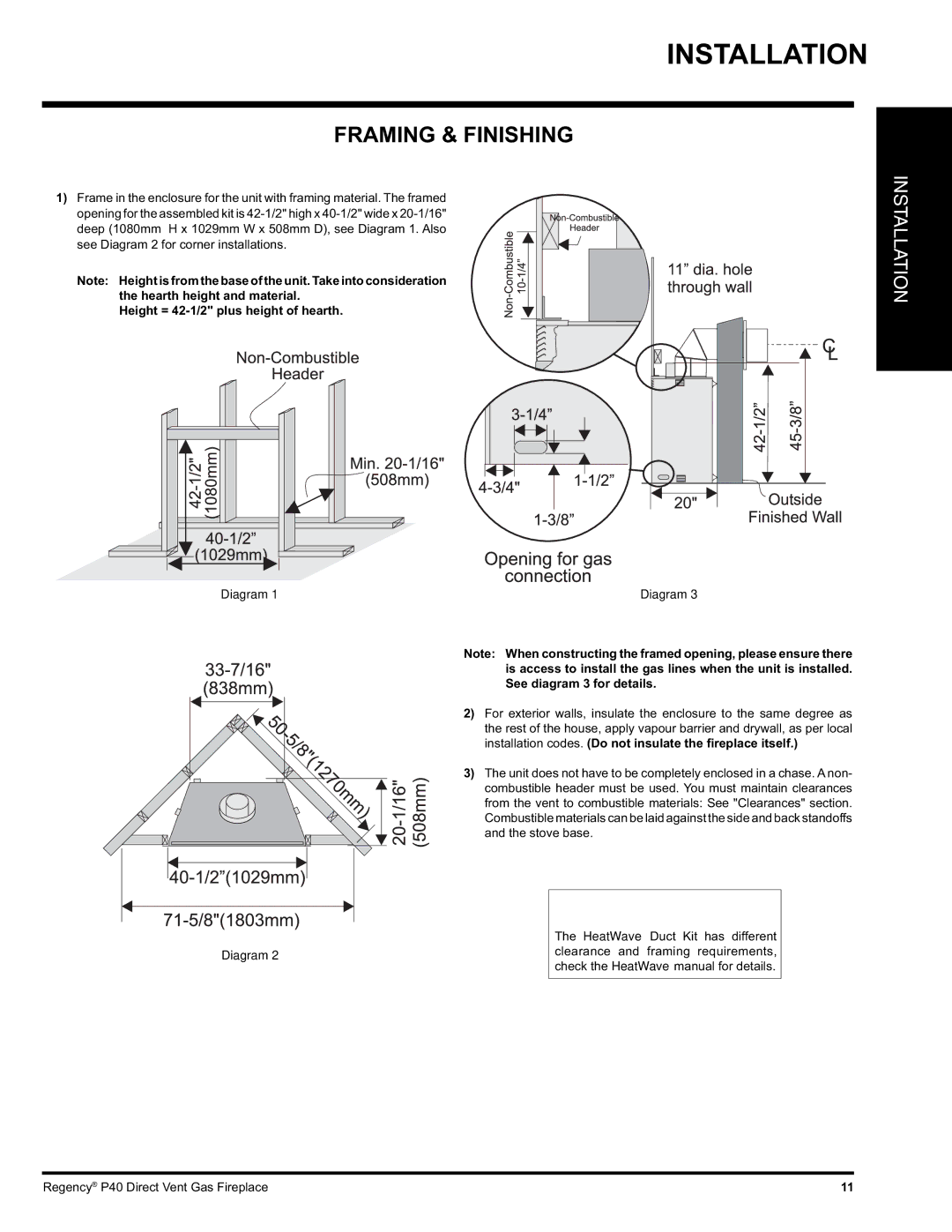 Regency P40-NG, P40-LP installation manual Framing & Finishing, Height = 42-1/2 plus height of hearth 