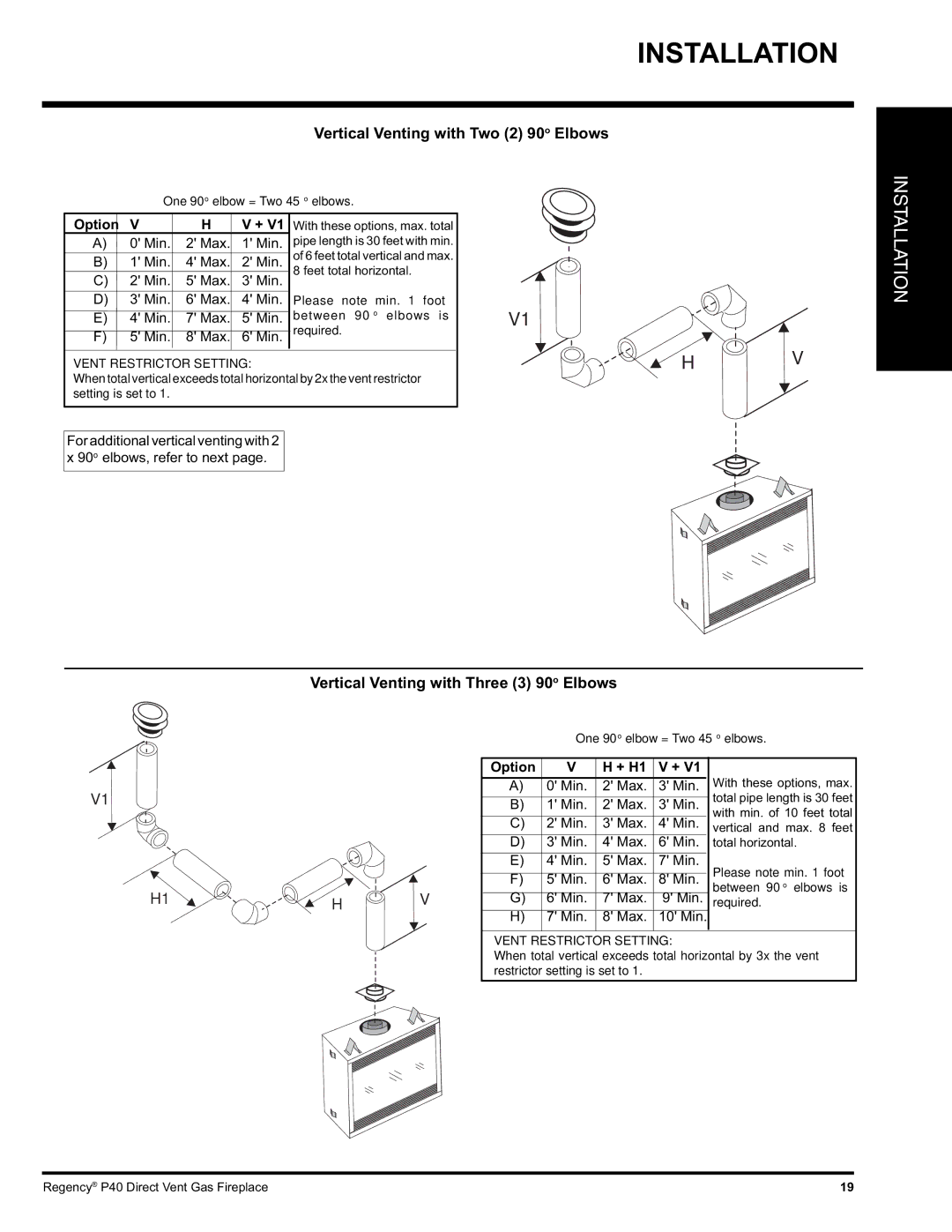 Regency P40-LP, P40-NG installation manual Vertical Venting with Two 2 90o Elbows 