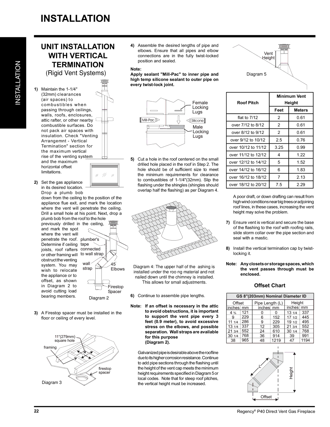 Regency P40-LP Unit Installation With Vertical Termination, This allows for small adjustments, Diagram, Minimum Vent, Feet 