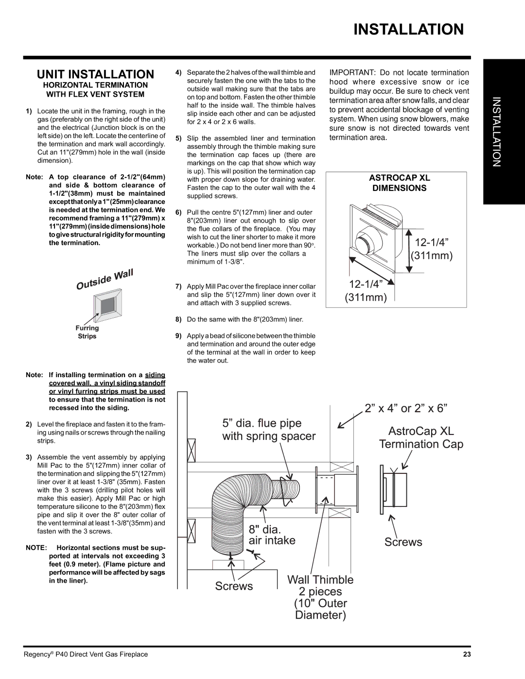 Regency P40-NG, P40-LP installation manual Unit Installation, Astrocap XL Dimensions 