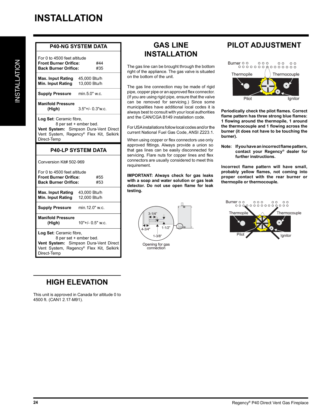 Regency GAS Line Installation, Pilot Adjustment, High Elevation, P40-NG System Data, P40-LP System Data 