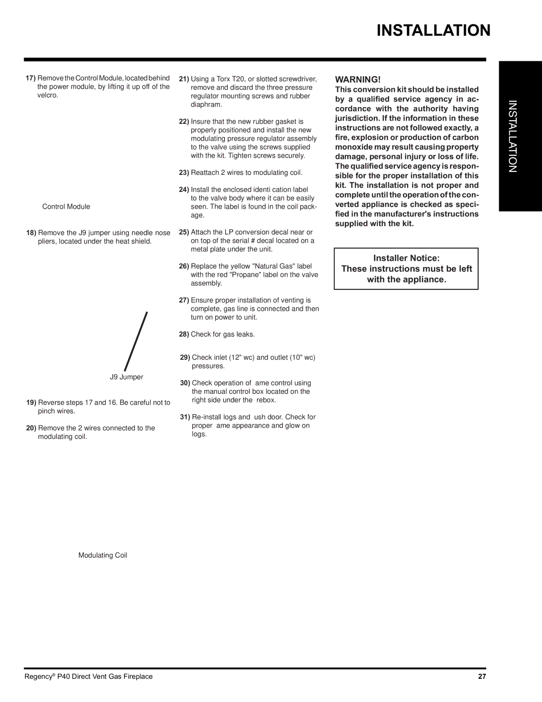 Regency P40-NG, P40-LP installation manual Control Module 