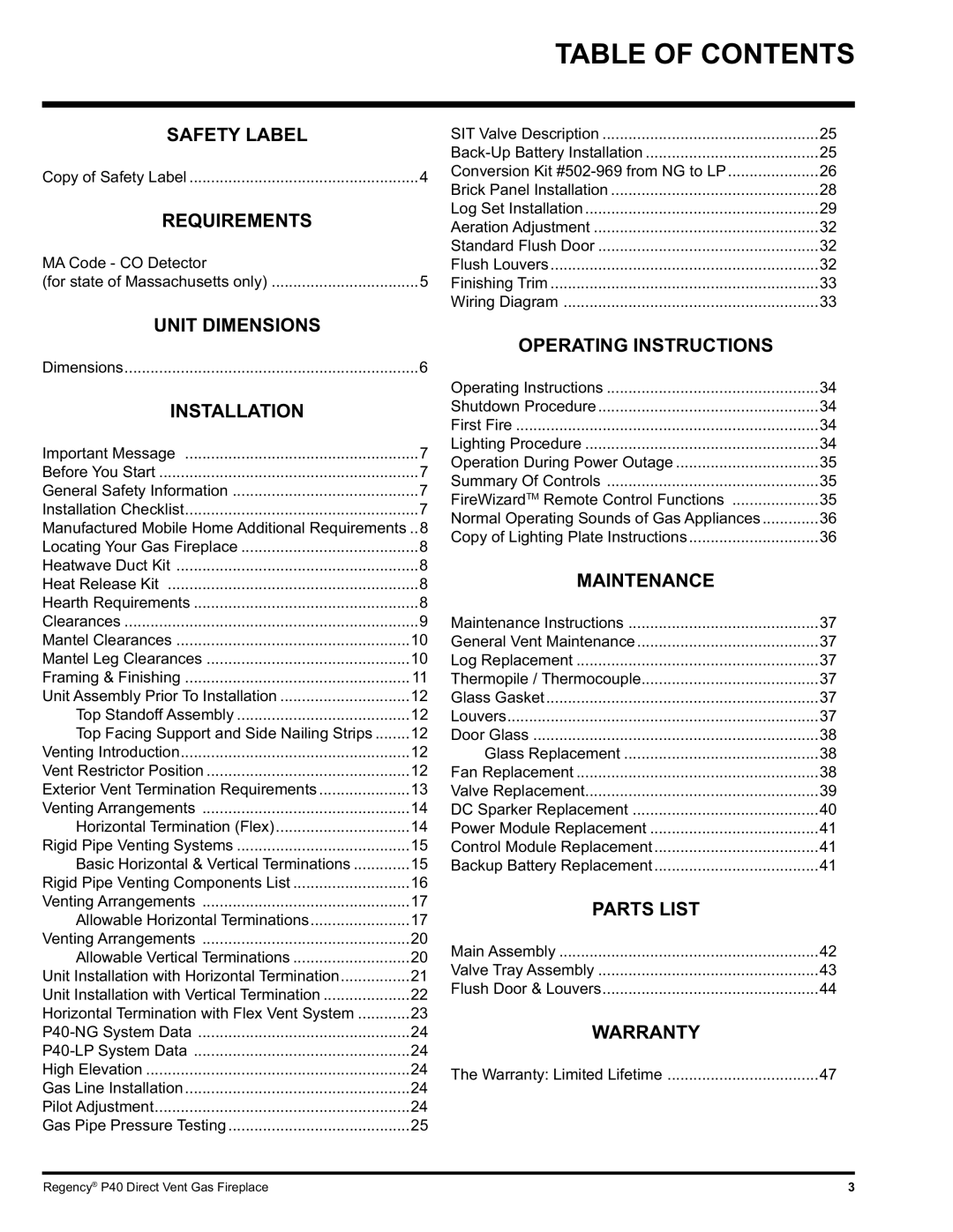 Regency P40-NG, P40-LP installation manual Table of Contents 