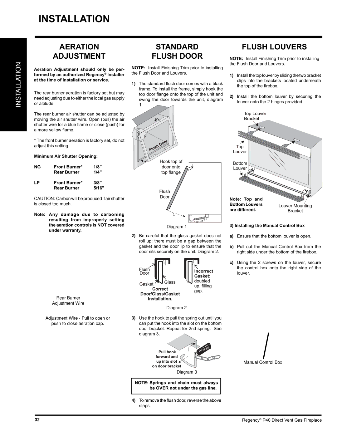 Regency P40 Aeration Adjustment, Standard Flush Door, Flush Louvers, Minimum Air Shutter Opening Front Burner Rear Burner 