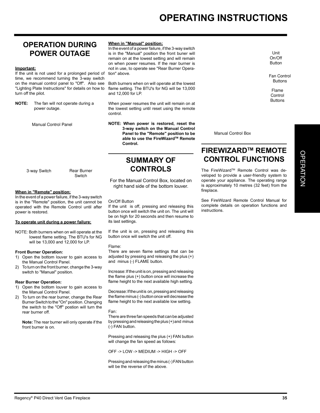 Regency P40-NG, P40-LP Operation During Power Outage, Summary Controls, Firewizardtm Remote Control Functions 