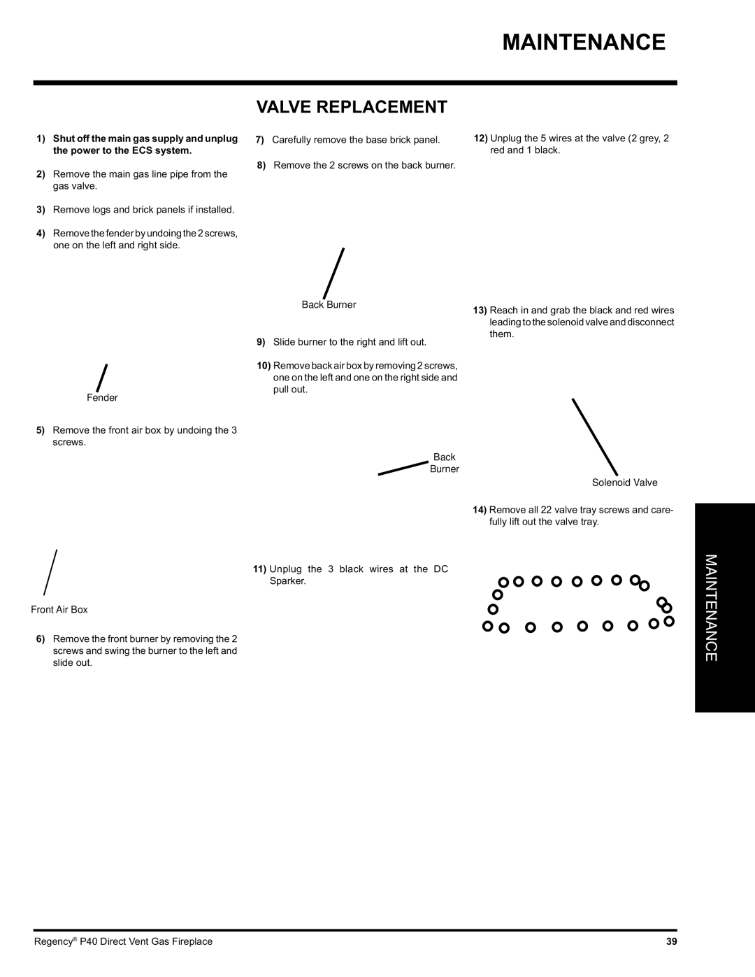 Regency P40-NG, P40-LP installation manual Valve Replacement, Fender, Back Burner, Solenoid Valve Front Air Box 