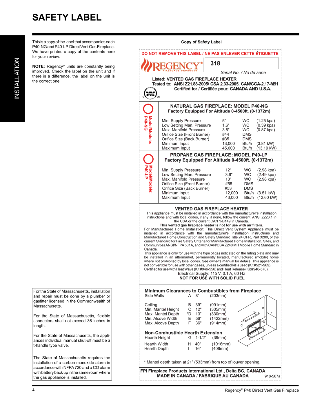 Regency P40-LP, P40-NG installation manual Copy of Safety Label 