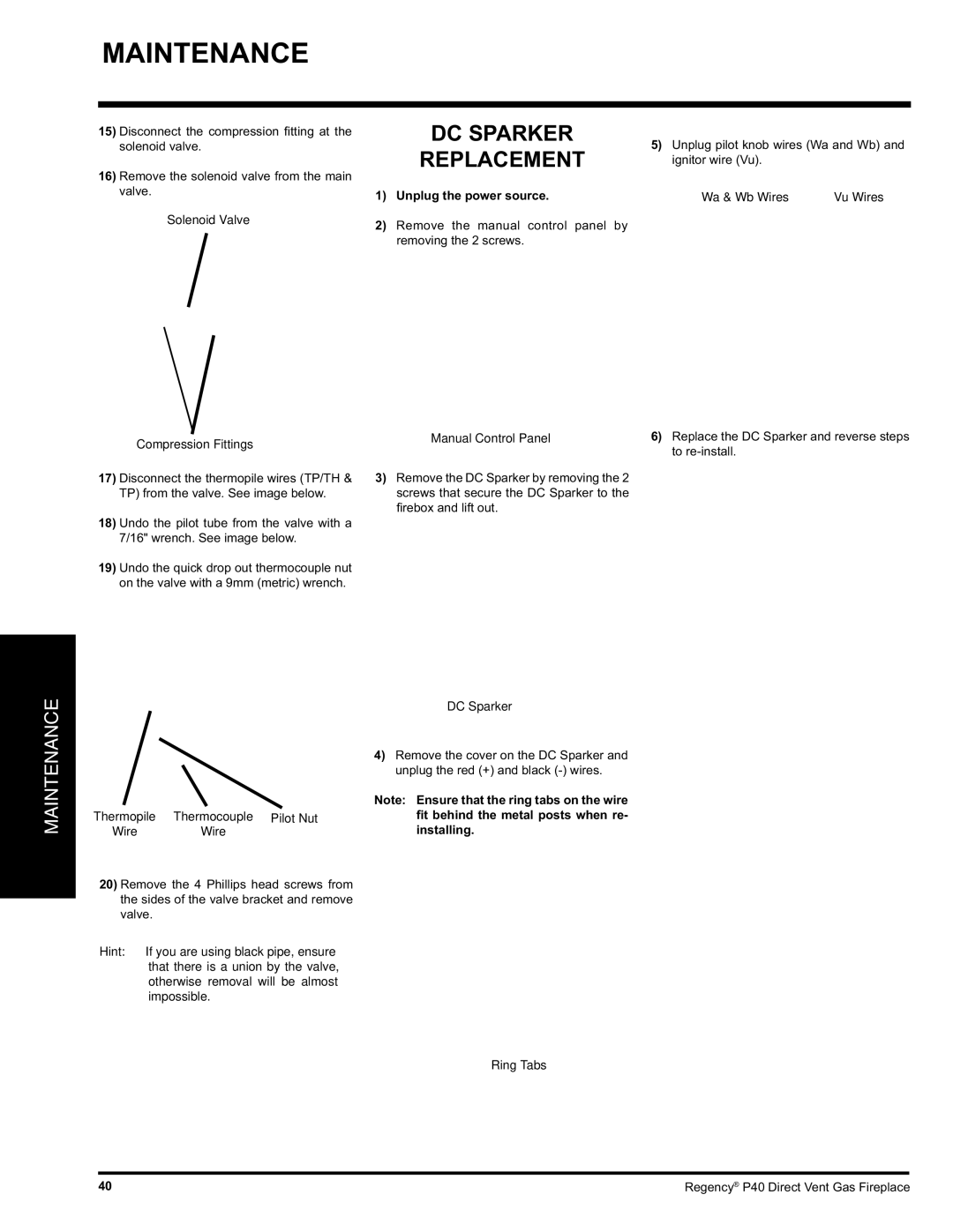 Regency P40-LP, P40-NG installation manual DC Sparker Replacement 