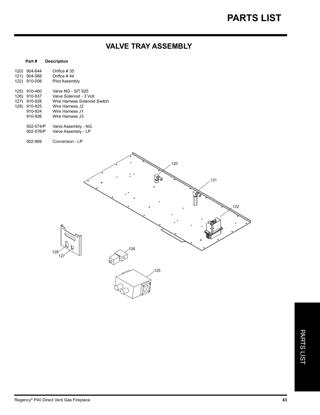 Regency P40-LP, P40-NG installation manual Valve Tray Assembly 