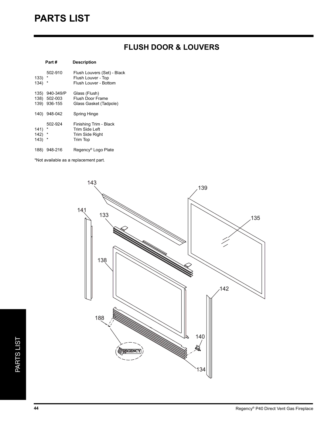 Regency P40-NG, P40-LP installation manual Flush Door & Louvers 