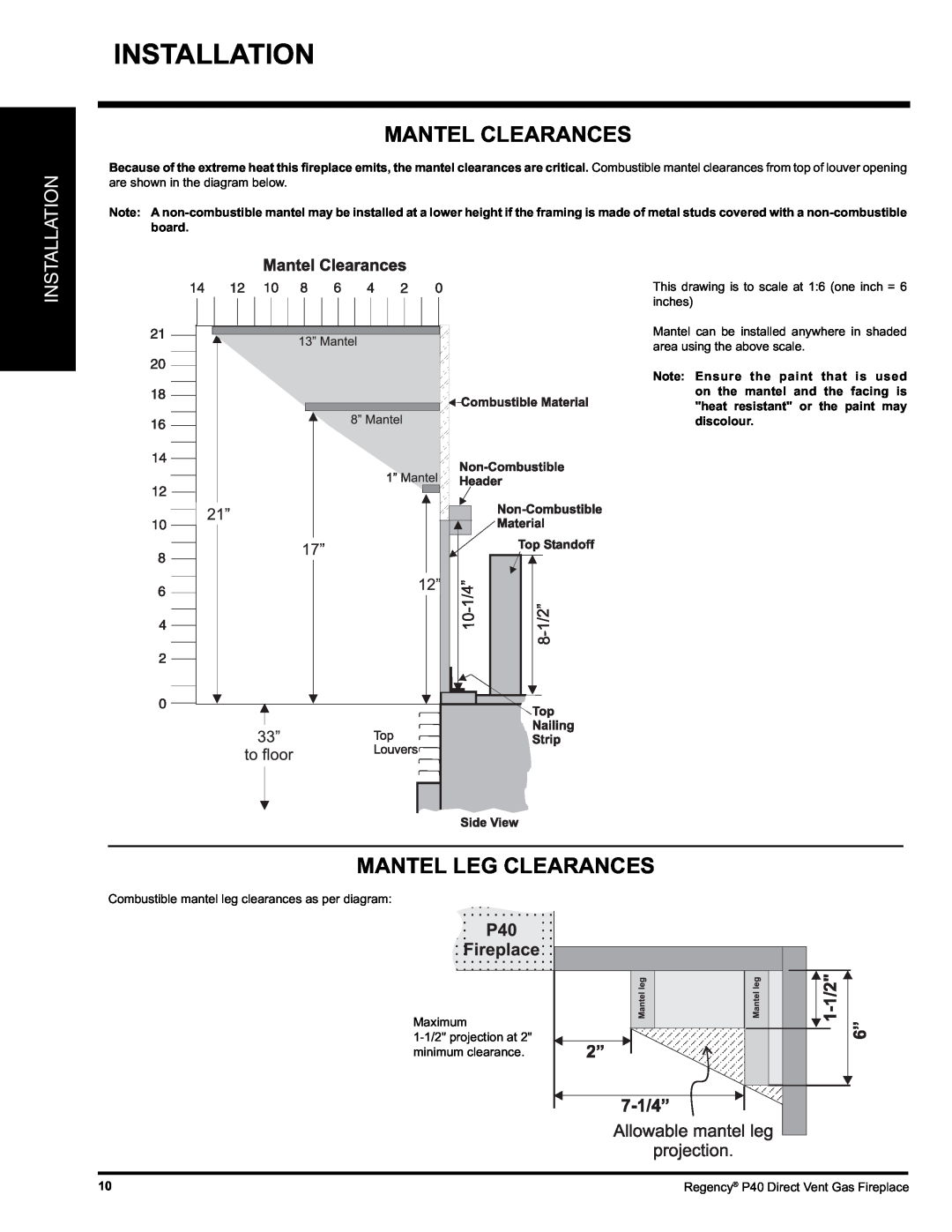 Regency P40-LP, P40-NG installation manual Mantel Clearances, Mantel Leg Clearances, Installation 