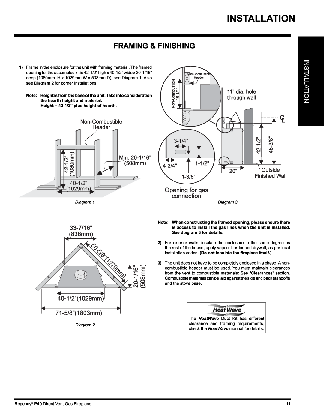 Regency P40-NG, P40-LP Framing & Finishing, Installation, Height = 42-1/2plus height of hearth, Diagram Diagram 