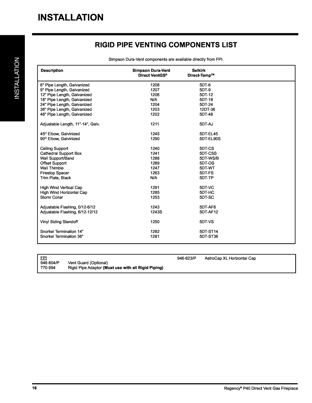 Regency P40-LP Rigid Pipe Venting Components List, Installation, Description, Simpson Dura-Vent, Selkirk, Direct VentGS 