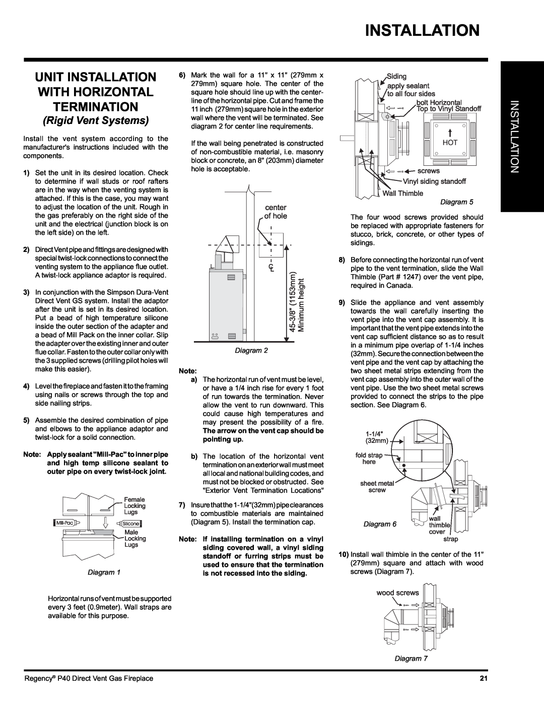 Regency P40-NG, P40-LP installation manual Unit Installation With Horizontal Termination, Rigid Vent Systems, Diagram 