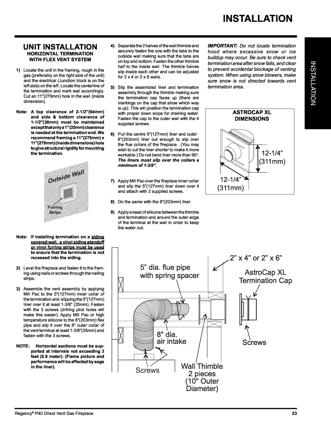 Regency P40-NG, P40-LP installation manual Unit Installation, Astrocap Xl Dimensions 