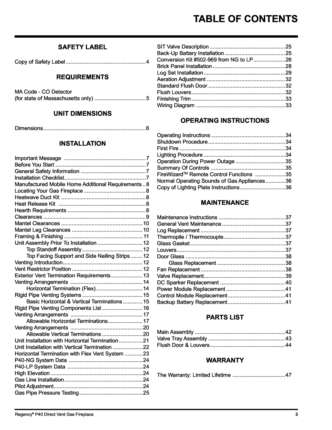 Regency P40-NG, P40-LP installation manual Table Of Contents, Unit Dimensions 
