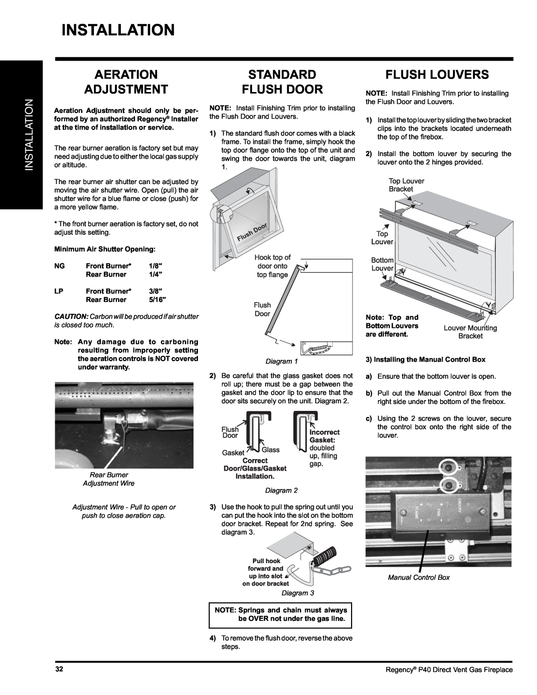 Regency P40 Aeration Adjustment, Standard Flush Door, Flush Louvers, Installation, Minimum Air Shutter Opening, 5/16 