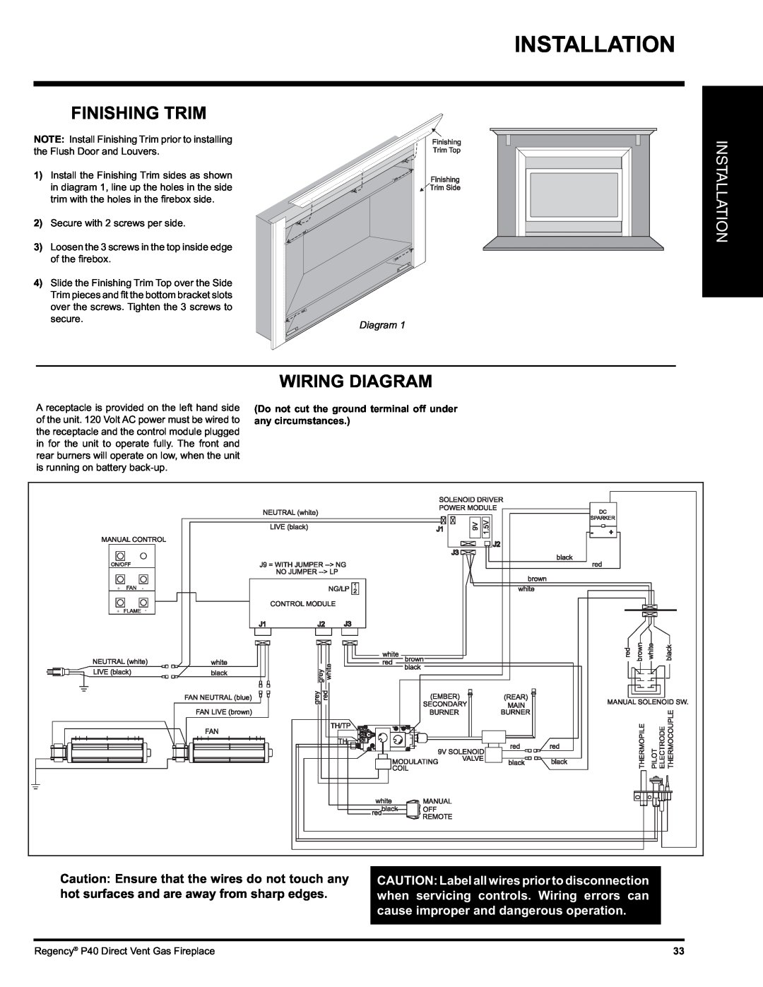 Regency P40-NG, P40-LP installation manual Finishing Trim, Wiring Diagram, Installation 