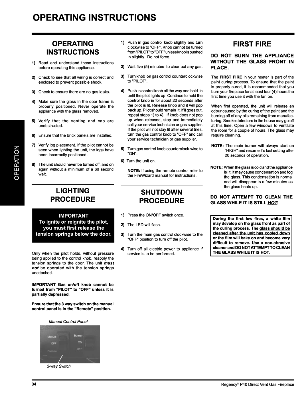 Regency P40-LP, P40-NG Operating Instructions, First Fire, Lightingshutdown Procedure Procedure, Operation 