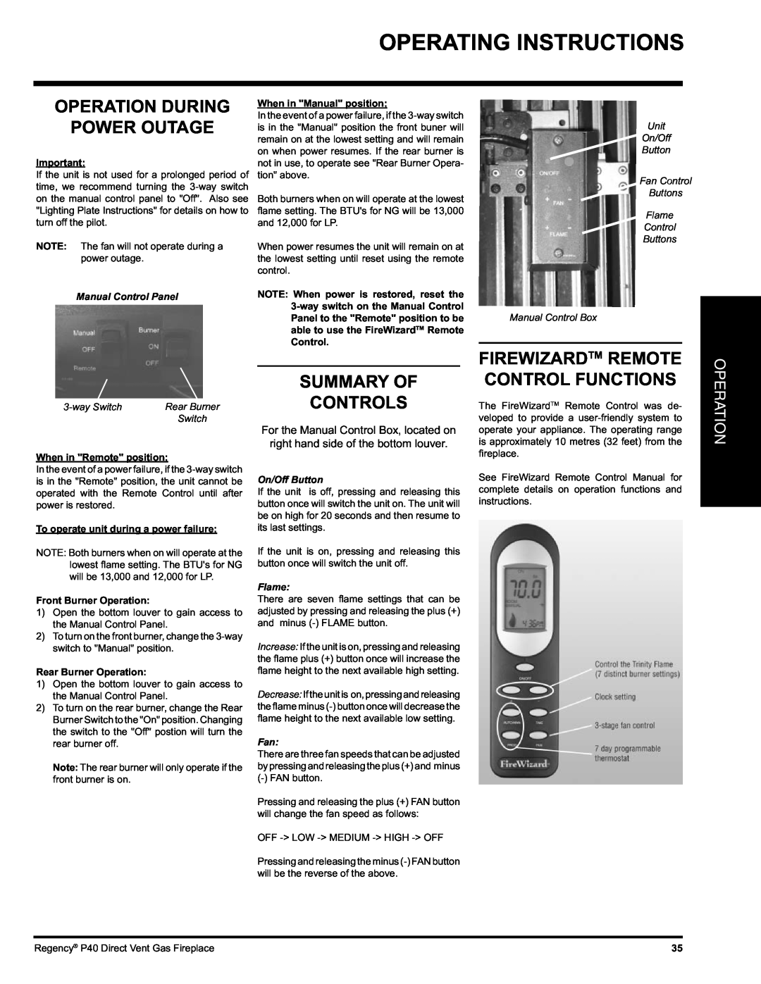Regency P40 Operation During Power Outage, Summary Of Controls, Firewizardtm Remote Control Functions, waySwitch, Flame 