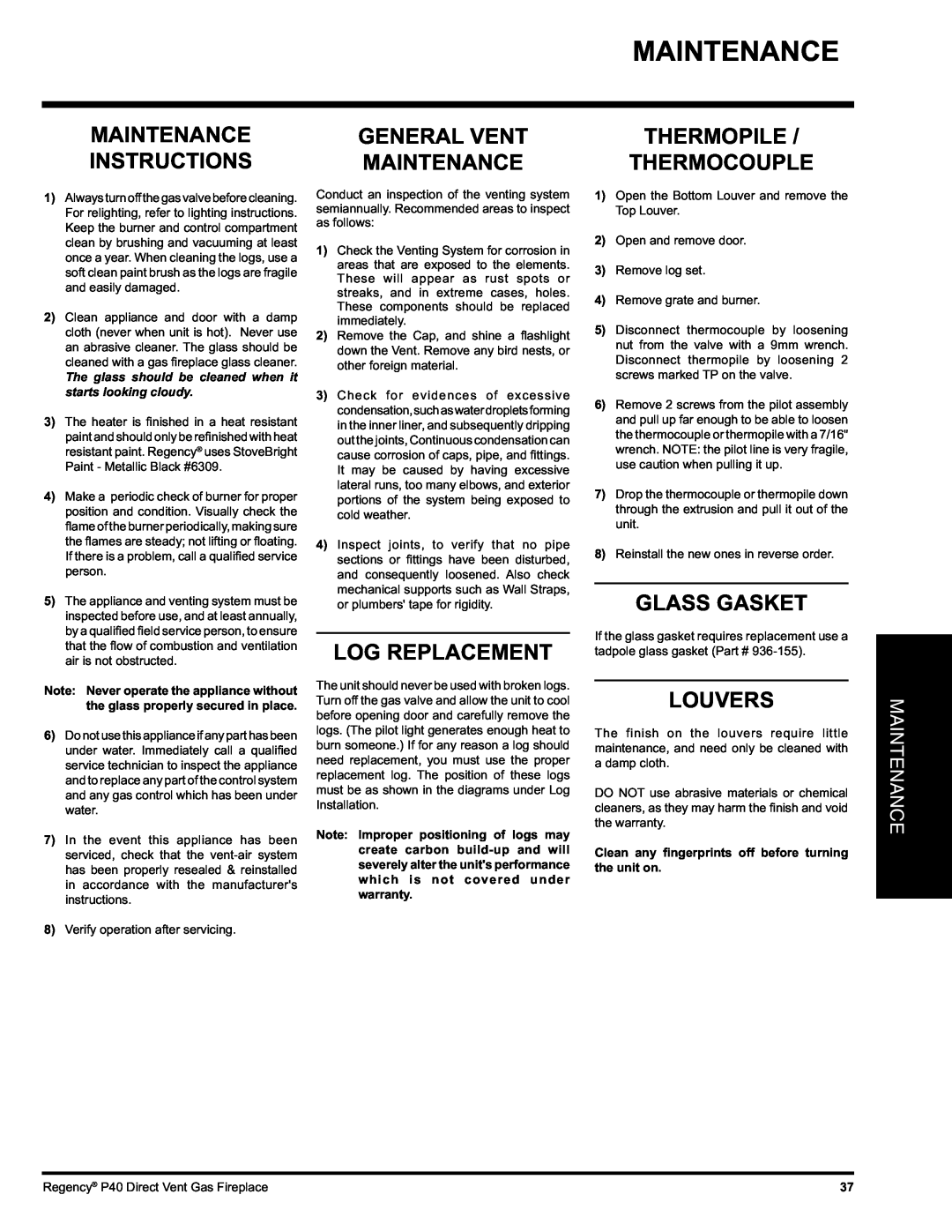 Regency P40-LP Maintenance, Instructions, Thermopile Thermocouple, Log Replacement, Glass Gasket, Louvers, General Vent 