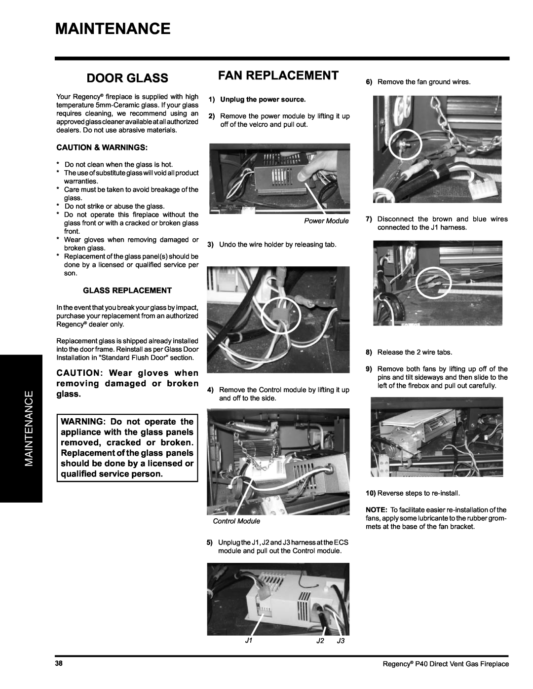 Regency P40-NG, P40-LP installation manual Fan Replacement, Door Glass, Maintenance 