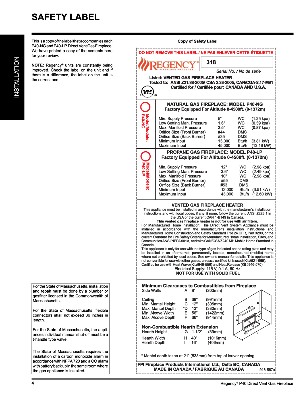 Regency P40-LP, P40-NG installation manual Installation, Copy of Safety Label 