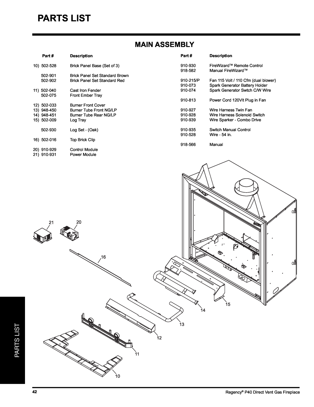 Regency P40-NG, P40-LP installation manual Main Assembly, Parts List, Description 