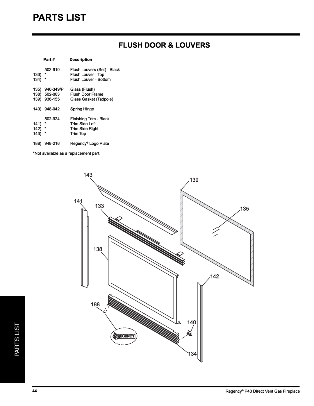 Regency P40-NG, P40-LP installation manual Flush Door & Louvers, Parts List, Description 