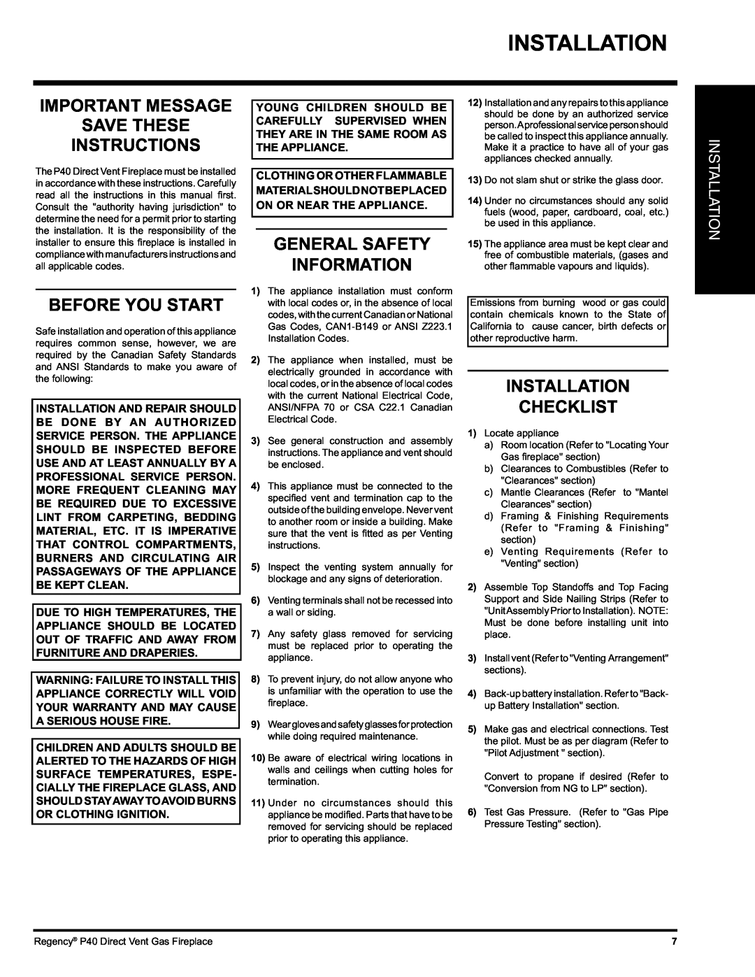 Regency P40-LP Important Message Save These Instructions, Before You Start, General Safety Information, Installation 