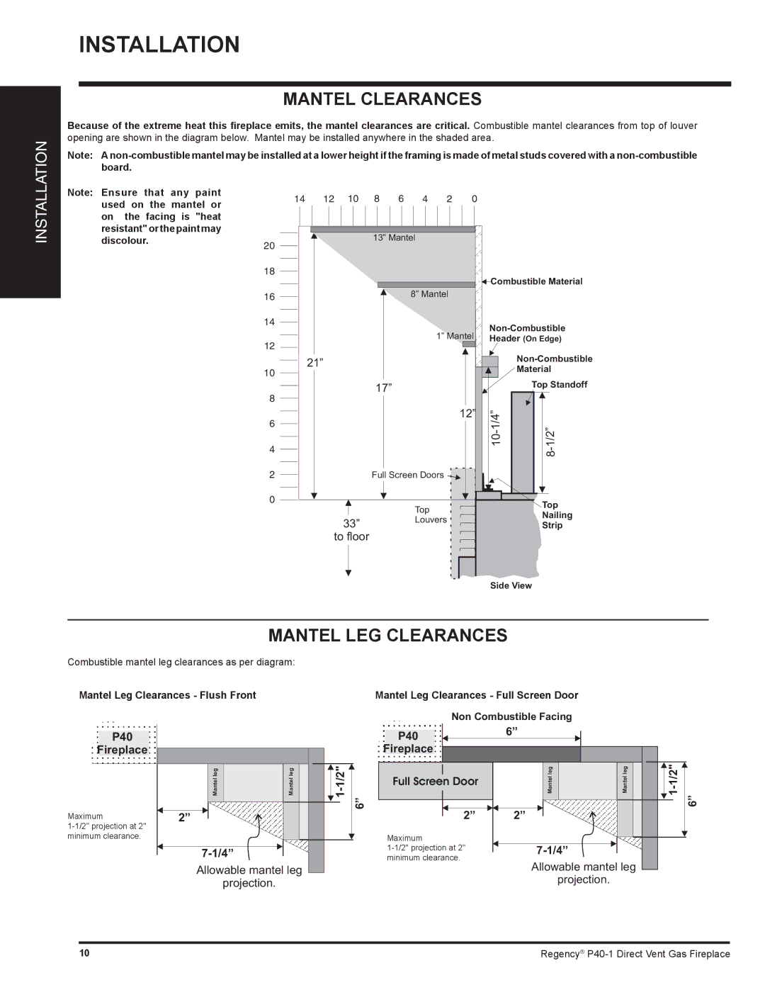 Regency P40-NG1, P40-LP1 installation manual Mantel Clearances, Mantel LEG Clearances, P40 Fireplace 