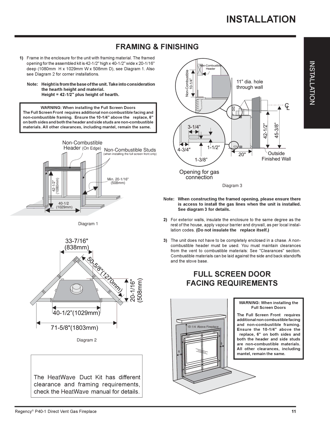 Regency P40-LP1, P40-NG1 Framing & Finishing, Full Screen Door Facing Requirements, Height = 42-1/2 plus height of hearth 