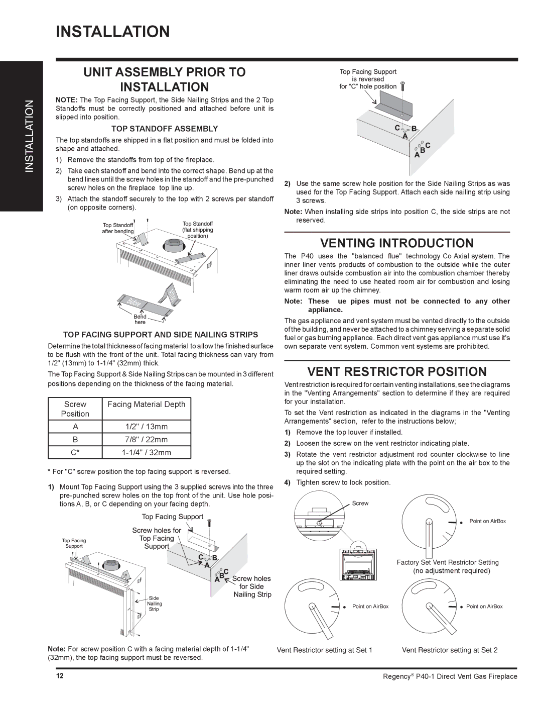 Regency P40-NG1, P40-LP1 Unit Assembly Prior to Installation, Venting Introduction, Vent Restrictor Position 