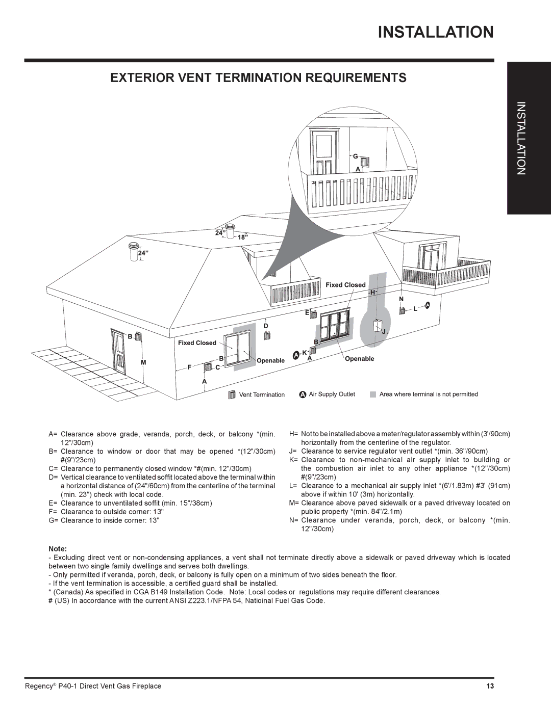 Regency P40-LP1, P40-NG1 installation manual Exterior Vent Termination Requirements 