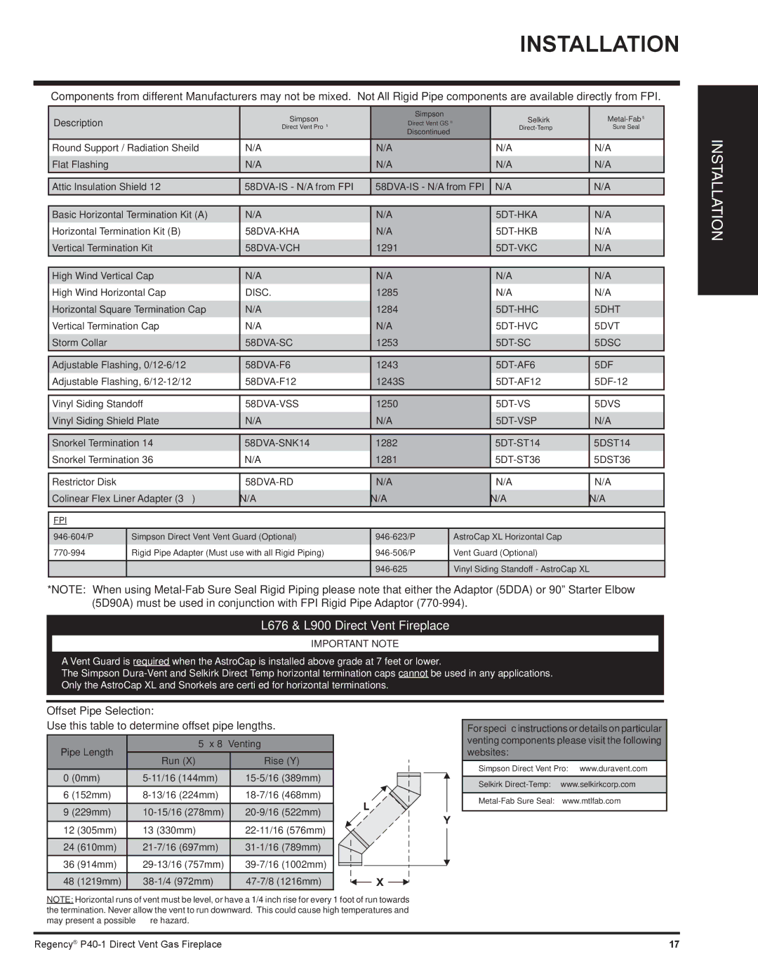 Regency P40-LP1, P40-NG1 installation manual Offset Pipe Selection, 58DVA-RD 