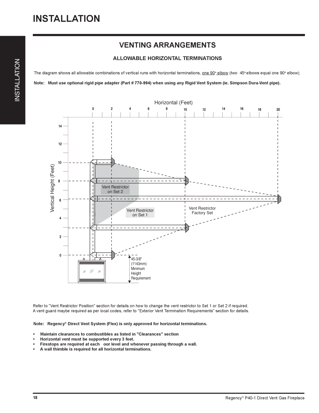 Regency P40-NG1, P40-LP1 installation manual Allowable Horizontal Terminations, Horizontal Feet Vertical Height Feet 